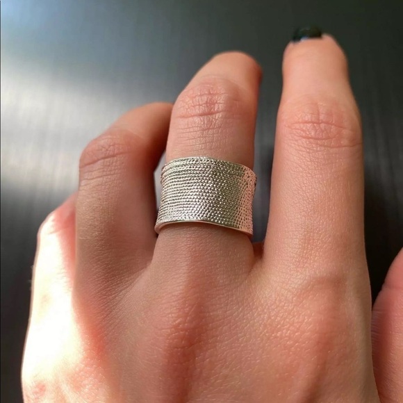 Retro Textured 925 Sterling Silver Wide Band Ring - Picture 4 of 13